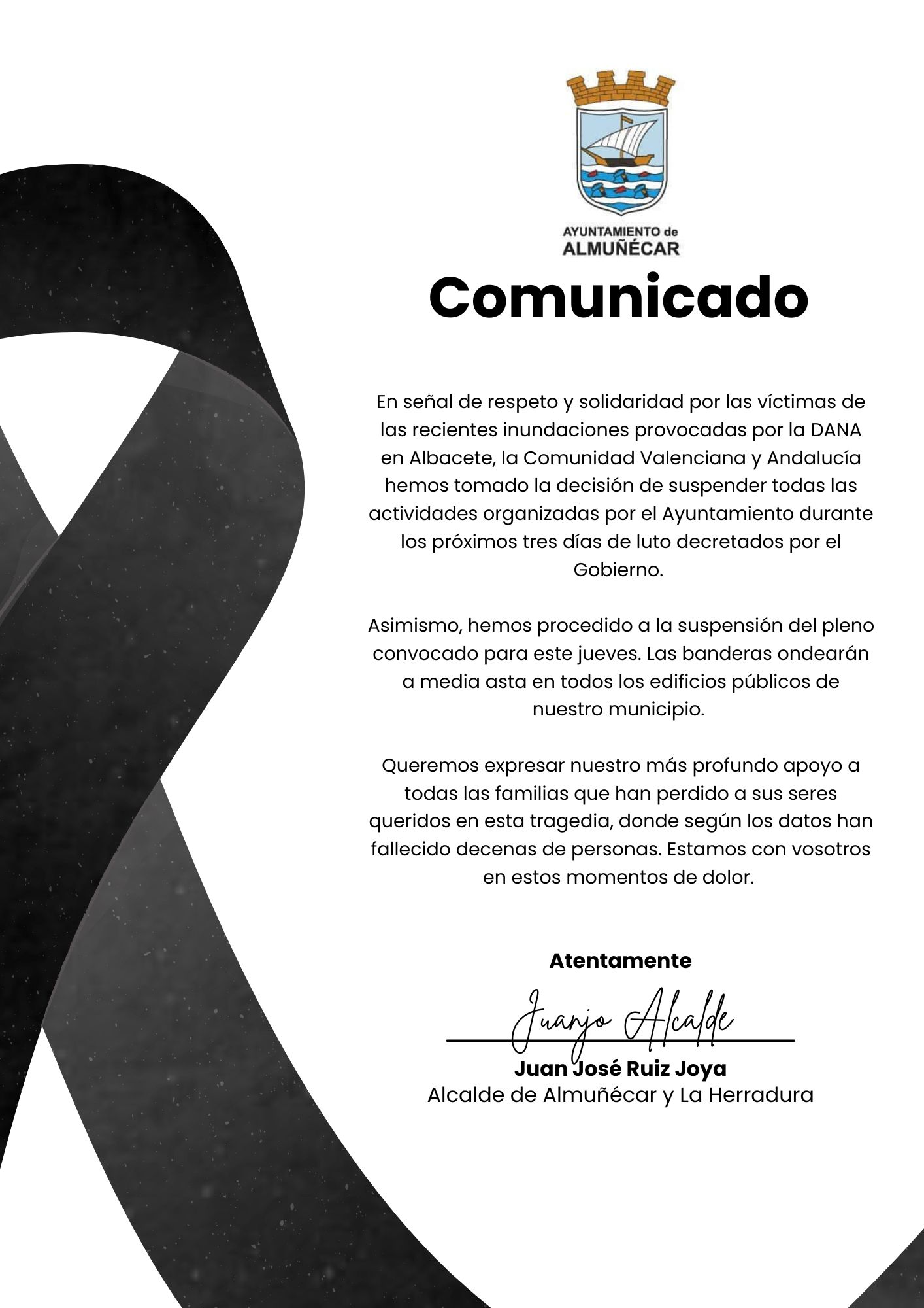 El Ayuntamiento de Almuñécar se suma al Luto Oficial decretado por el Gobierno de España y suspende todas las actividades previstas para los próximos3 días